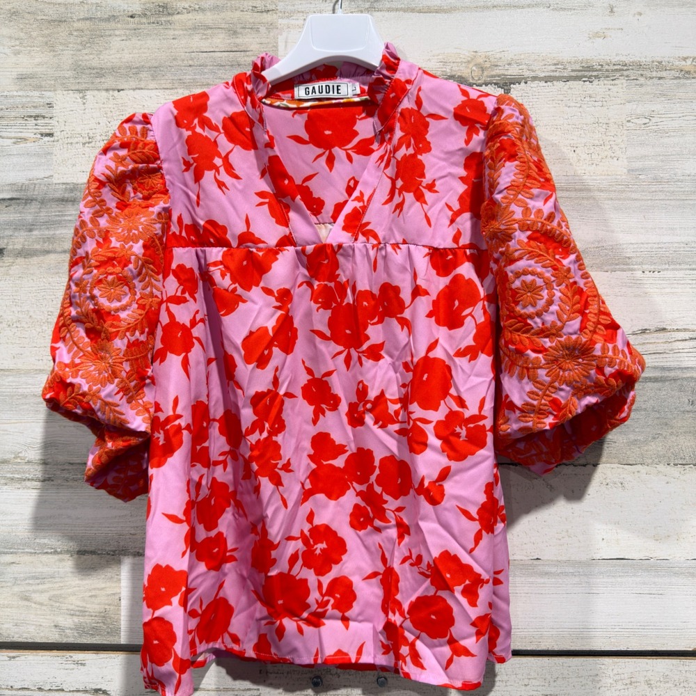 Gaudie Floral Blouse Women Large Pink Red Embroidered Puff Sleeve Boho EUC